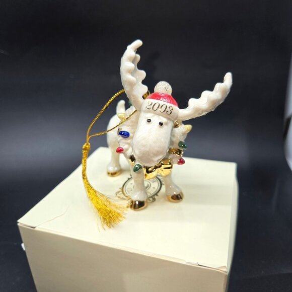 2003 Lenox Holiday Moosechief Moose Ornament) wrapped in lights - Picture 2 of 8